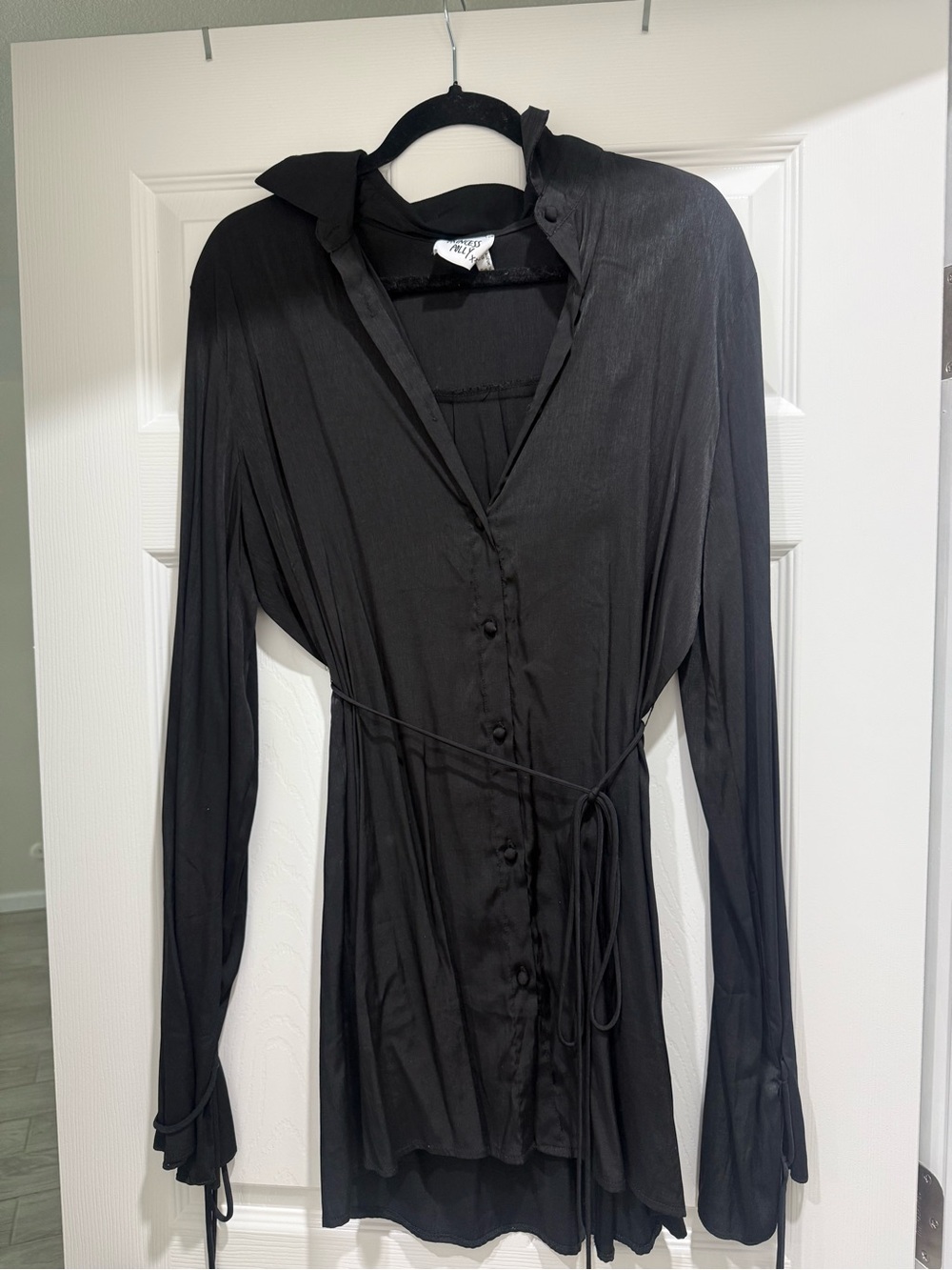 Princess Polly Black Long-Sleeve Button-Front Dress with Tie Waist
